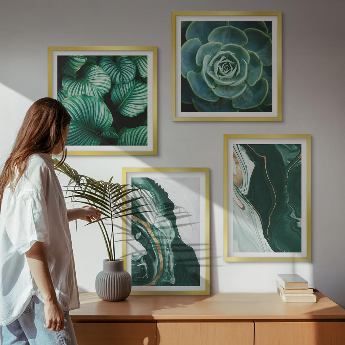 BILDER SET 4er Set - 50x50 cm & 40x60 cm Goldrahmen - Abstrakte Muster von Sukkulentenblättern - Goldfarben, Kunststoff (50/50cm) - TULUP