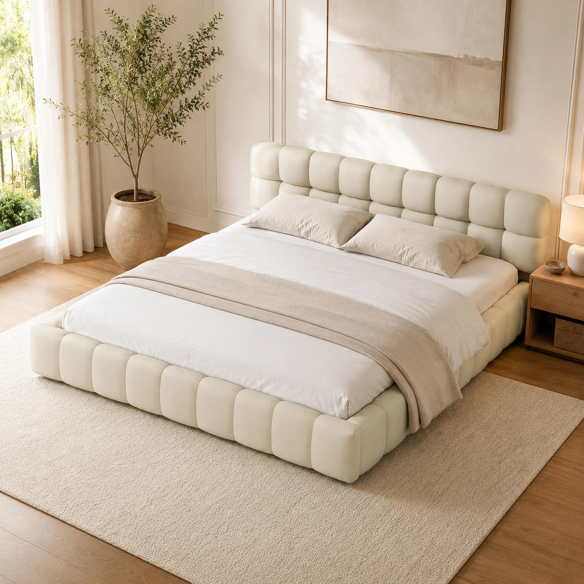 POLSTERBETT 140/190 cm in Beige, Puff Stoffbett mit gepolsterter Rahmen, modernes Schlafzimmer Bettgestell - Beige, Holz/Metall (140/190cm) - Joyfair