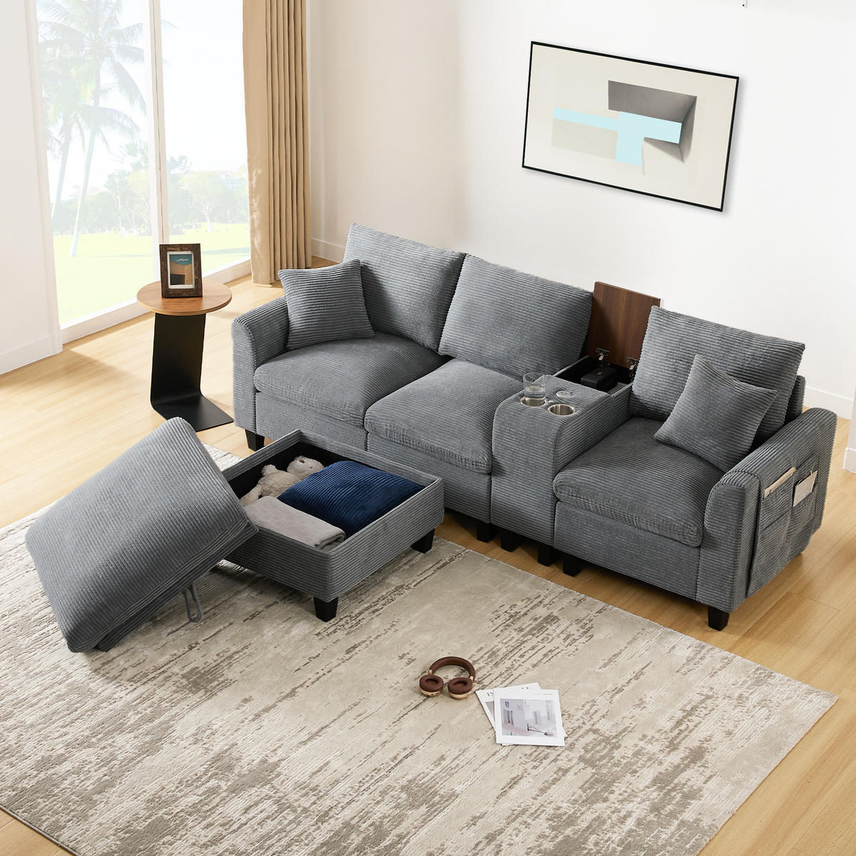 4-SITZER ECKSOFA Cord Grau mit USB, Becherhaltern und Stauraum - Grau, Holzwerkstoff/Kunststoff (229/149.5cm) - WISHDOR