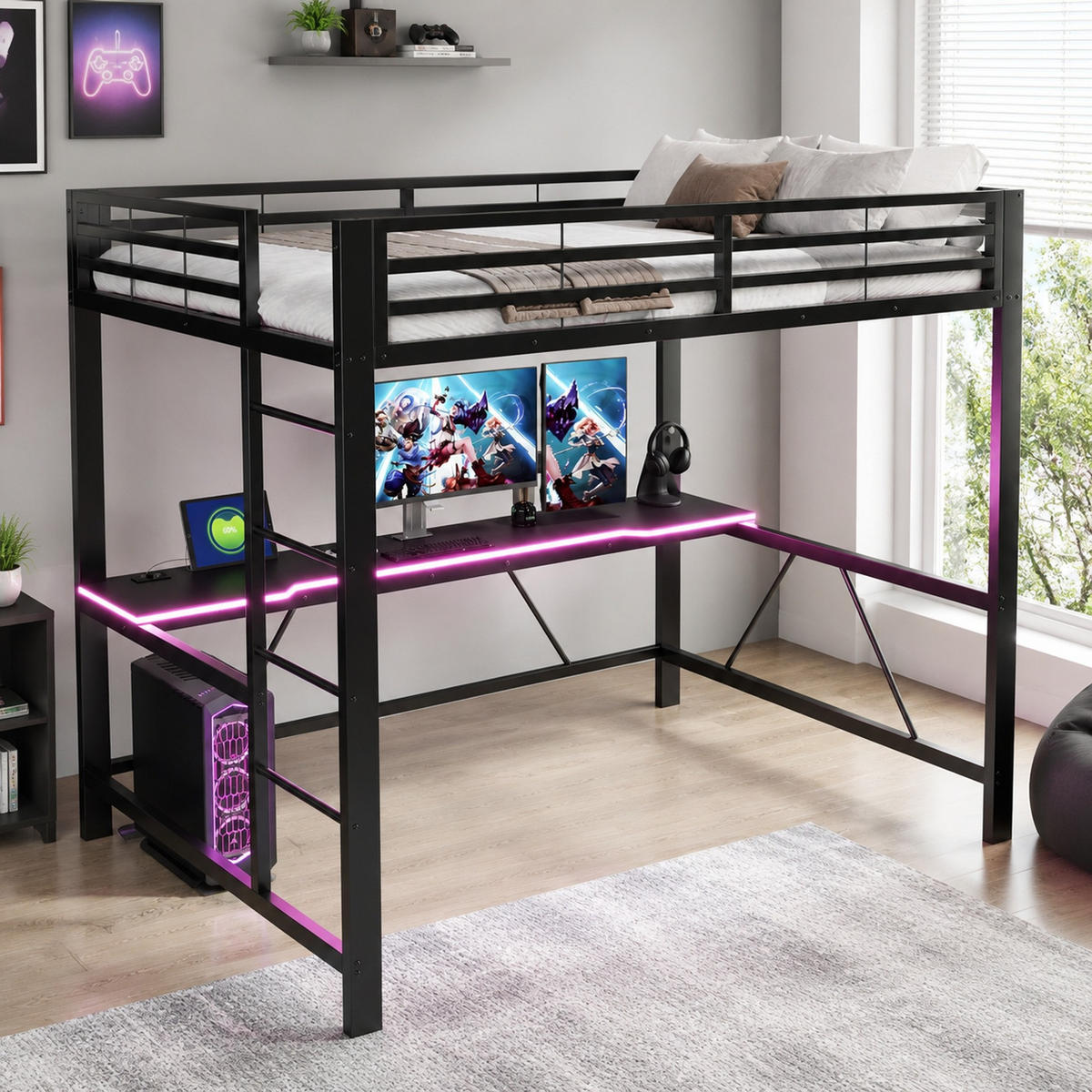 HOCHBETT 140/200 mit Schreibtisch, LED und USB in Schwarz - Schwarz, Holzwerkstoff/Metall (140/200cm) - EVRYAE
