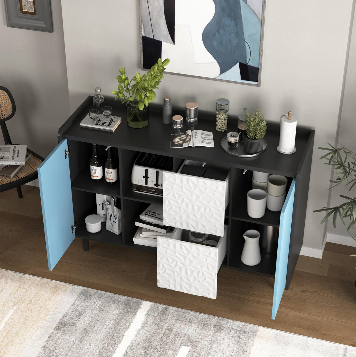 SIDEBOARD aus MDF 40x120x80 cm Schwarz/Blau mit 2 Schubladen, offenem Stauraum und Schranktür in modernem Design - Schwarz, Holzwerkstoff (120/80/40cm) - Modfu