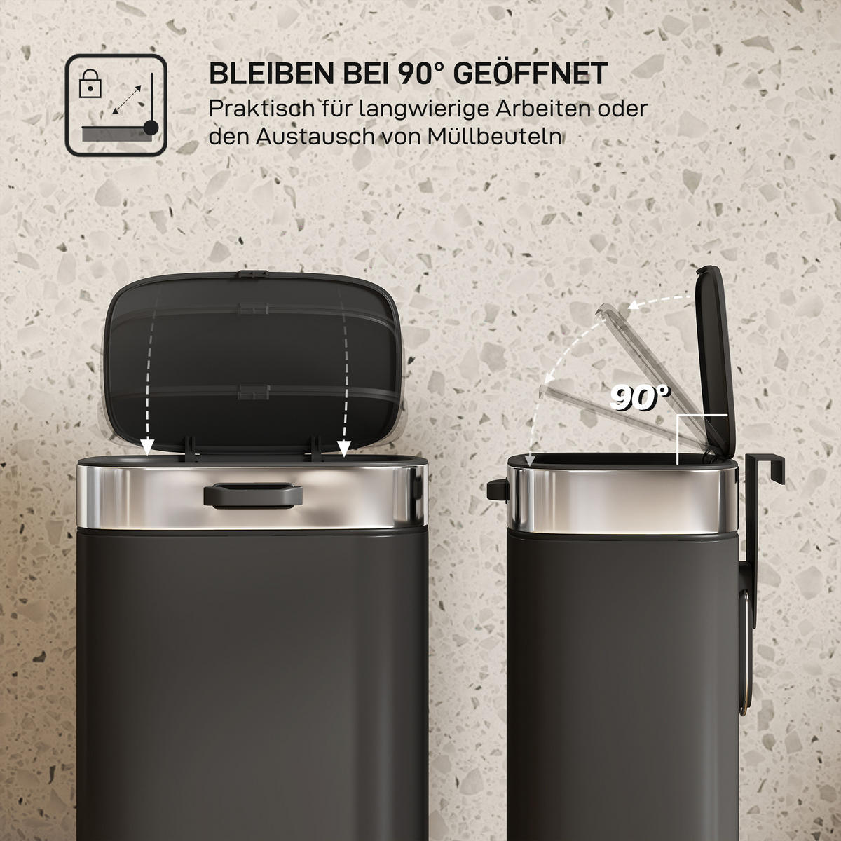 MÜLLEIMER Edelstahl Küchenmülleimer mit Druck-Öffnen offen bleibendem Deckel - Schwarz, Metall (19.5/30/21.5cm) - HOMCOM