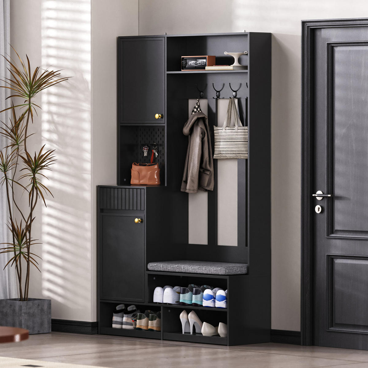 GARDEROBE 35/100/180 cm schwarz aus MDF mit Sitzbank und Schubladen - Schwarz, Holzwerkstoff (100/180/35cm) - OKWISH
