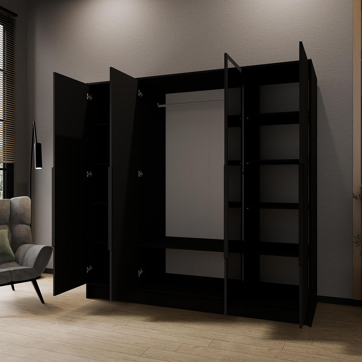 DREHTÜRENSCHRANK Laro mit Spiegel, Schwarz mit mit schwarzen Griffen, 200 cm - Schwarz, Holzwerkstoff (200/200/51cm) - Beautysofa