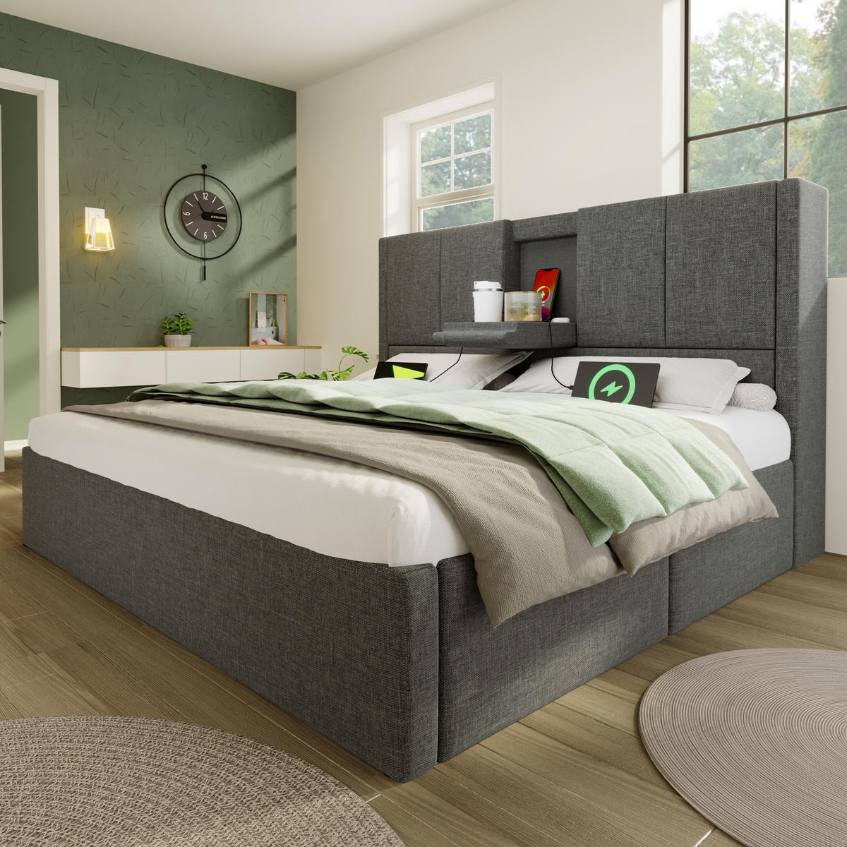 POLSTERBETT aus Leinen 140x200 cm in Grau mit Ladestation & Becherhalter - Grau, Textil (140/200cm) - Modfu