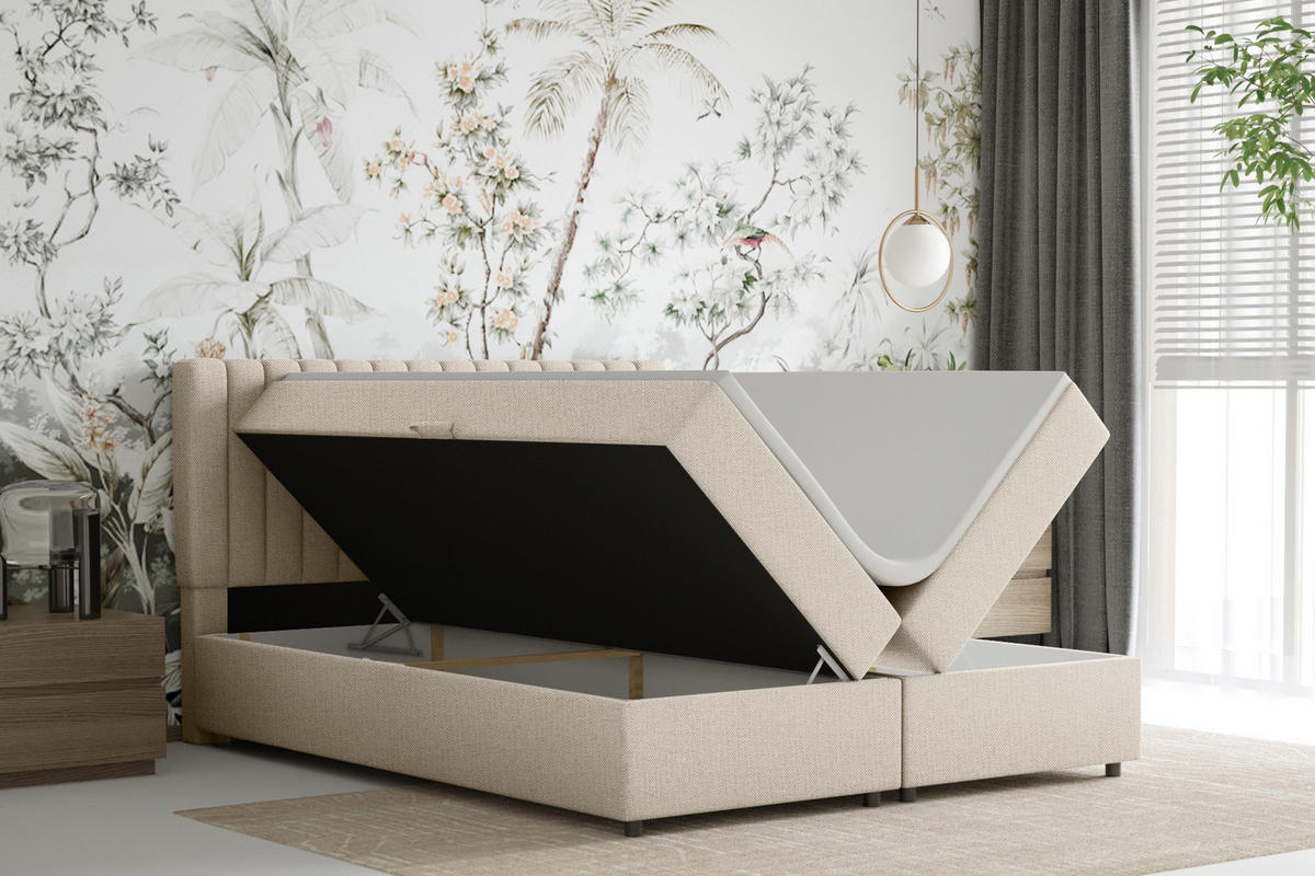 BOXBETT Everest beige 160 x 200 cm Doppelbett mit hochwertiger Bonell-Matratze und Topper - Creme, Holz (160/200cm) - Panda Möbel