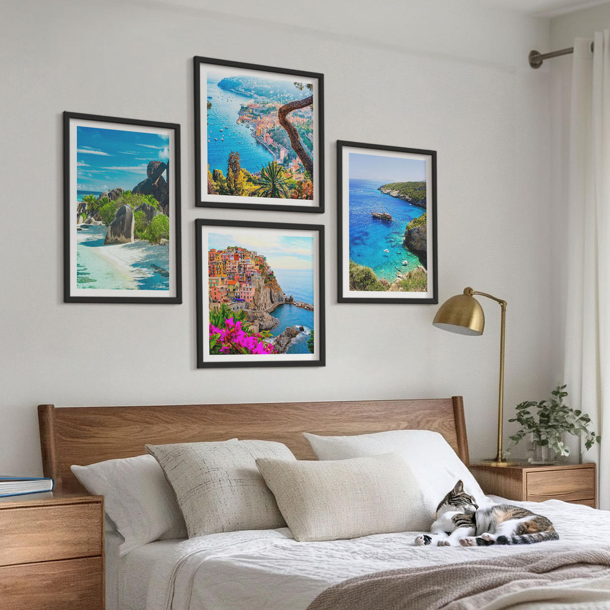 BILDER SET 4er Set - 50x50 cm & 40x60 cm Schwarzer Rahmen - Palmen am Meer, blaues Wasser - Schwarz, Kunststoff (50/50cm) - TULUP