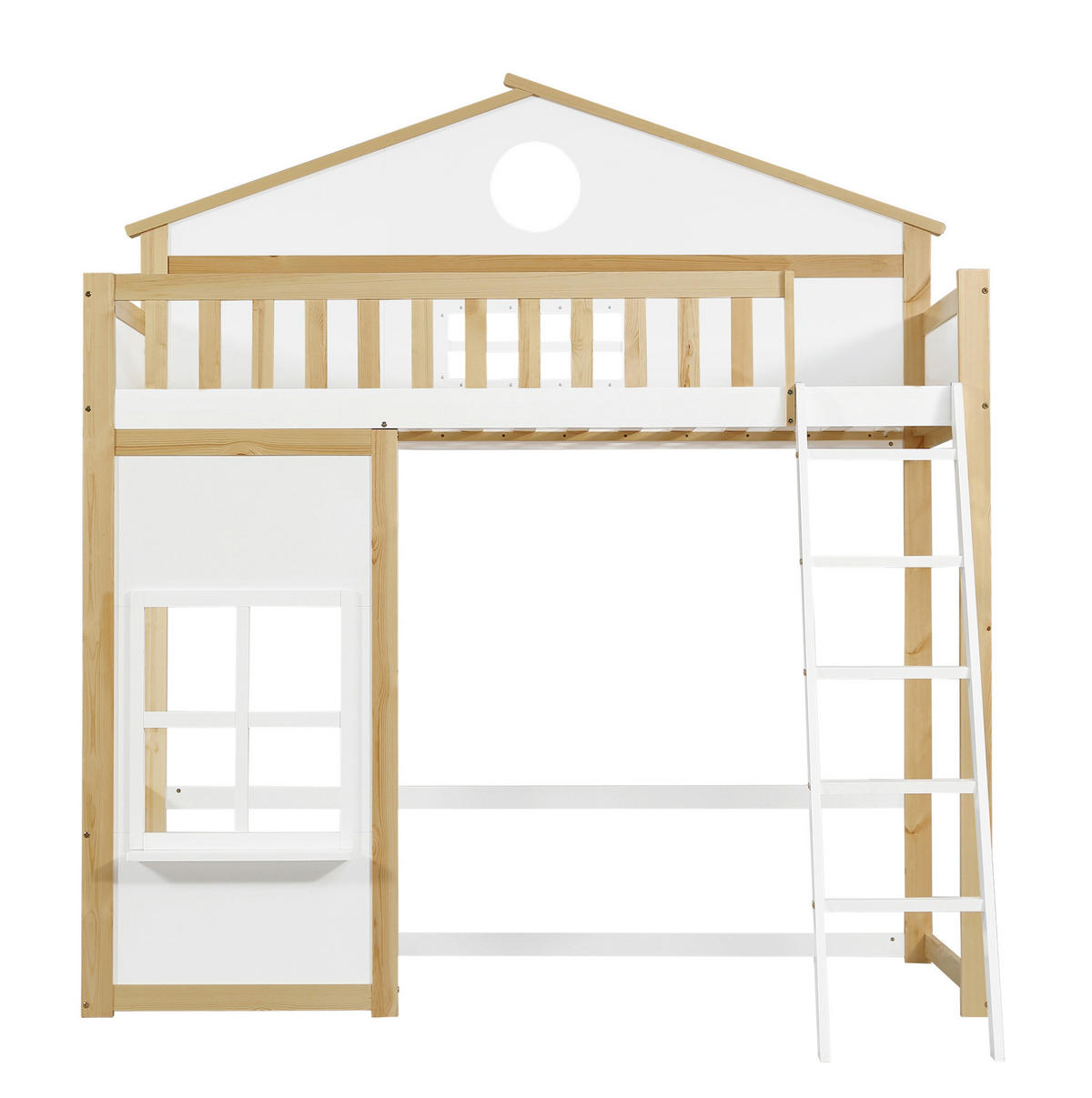 ETAGENBETT 90/200 cm Weiß Natur mit Treppe, Dach und Fenstern - Weiß, Holz (90/200cm) - MIVRAY