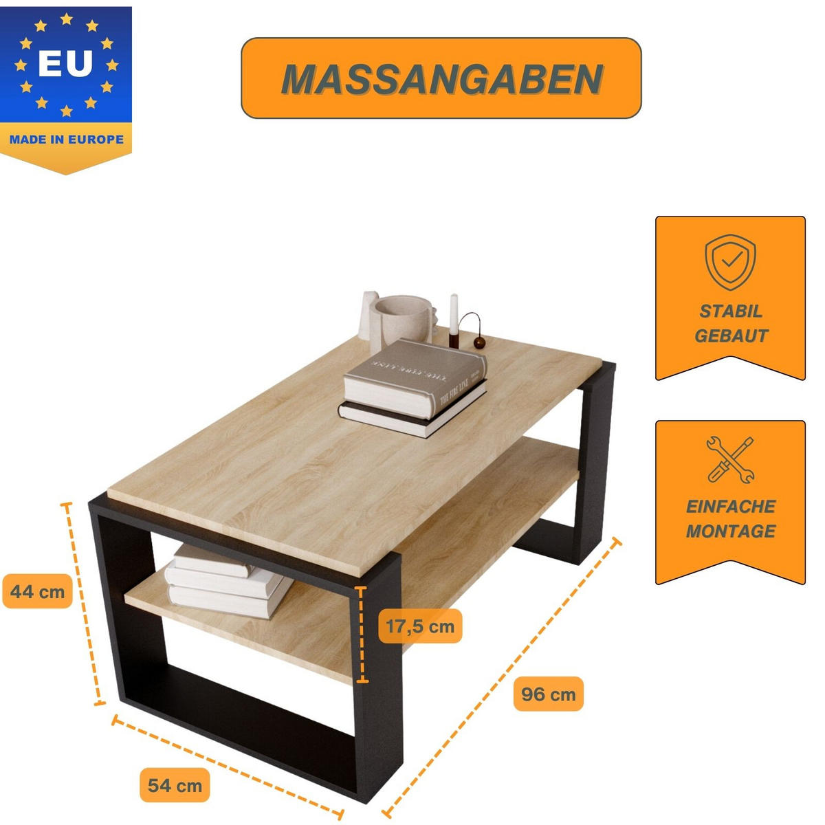 COUCHTISCH Kaja96 96/42/53,8 - Schwarz/Sonoma Eiche, Holzwerkstoff (54/96/42cm) - RAUMHIRSCH FURNITURE