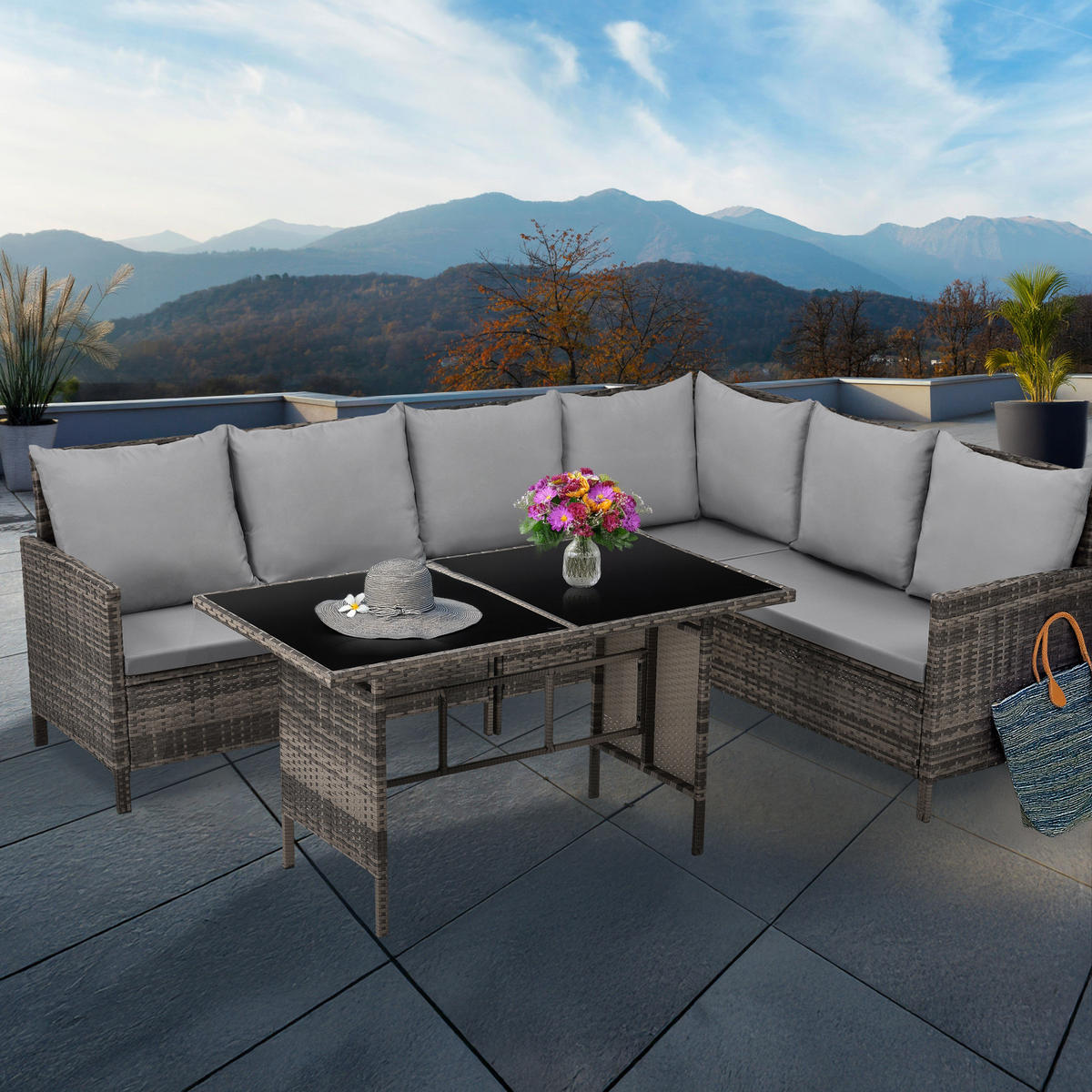 RATTAN-LOUNGE Madison - Braun/Grau, Kunststoff - SVITA