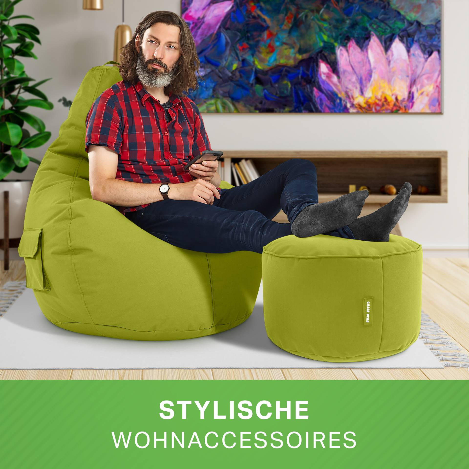 SITZSACK + Hocker "Cozy+Stay" 2er Set - Grün, Textil (70/90/80cm) - Green Bean