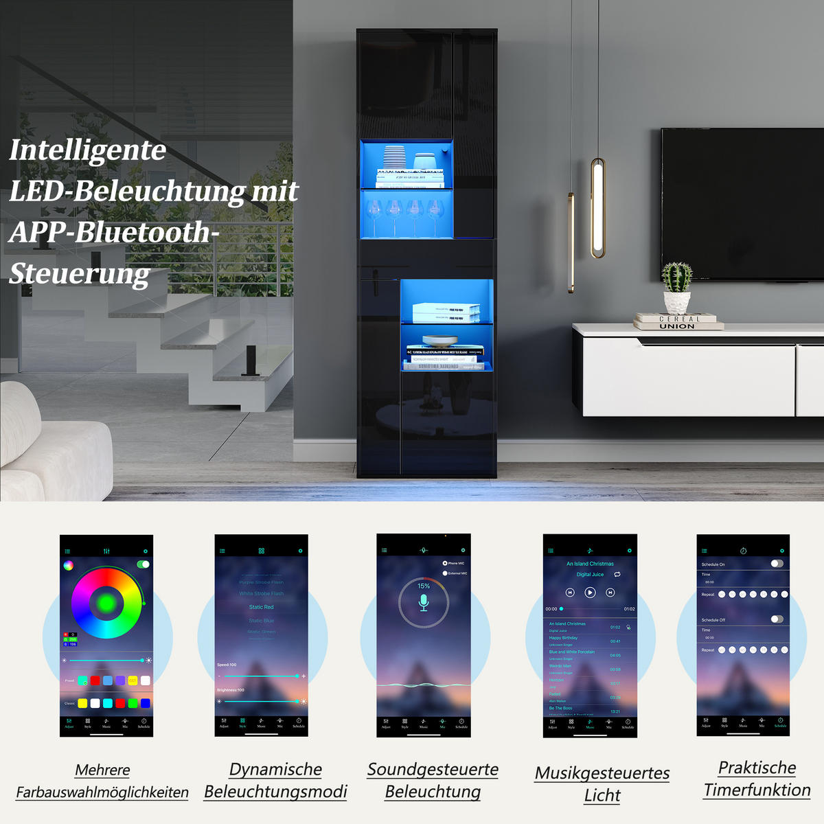 VITRINE in Schwarz Verkaufsvitrine mit LED-Beleuchtung und 1 Schublade für Wohnzimmer, B55/T38/H170cm - Schwarz/Weiß, Glas/Holzwerkstoff (55/170/38cm) - STILVORA