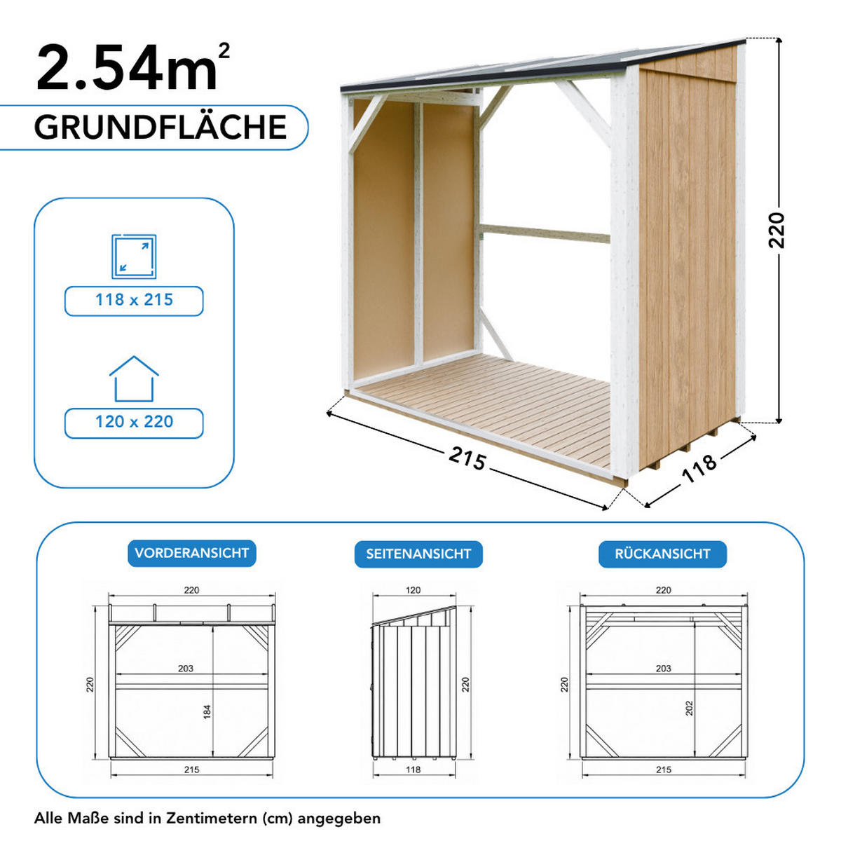 TIMBELA M984-CAVERN STEEL Prístrešok na drevo 2,54 m², prístrešok na palivové drevo s objemom ~4,4 m³ - sivá, drevo (118/220/215cm) - Timbela