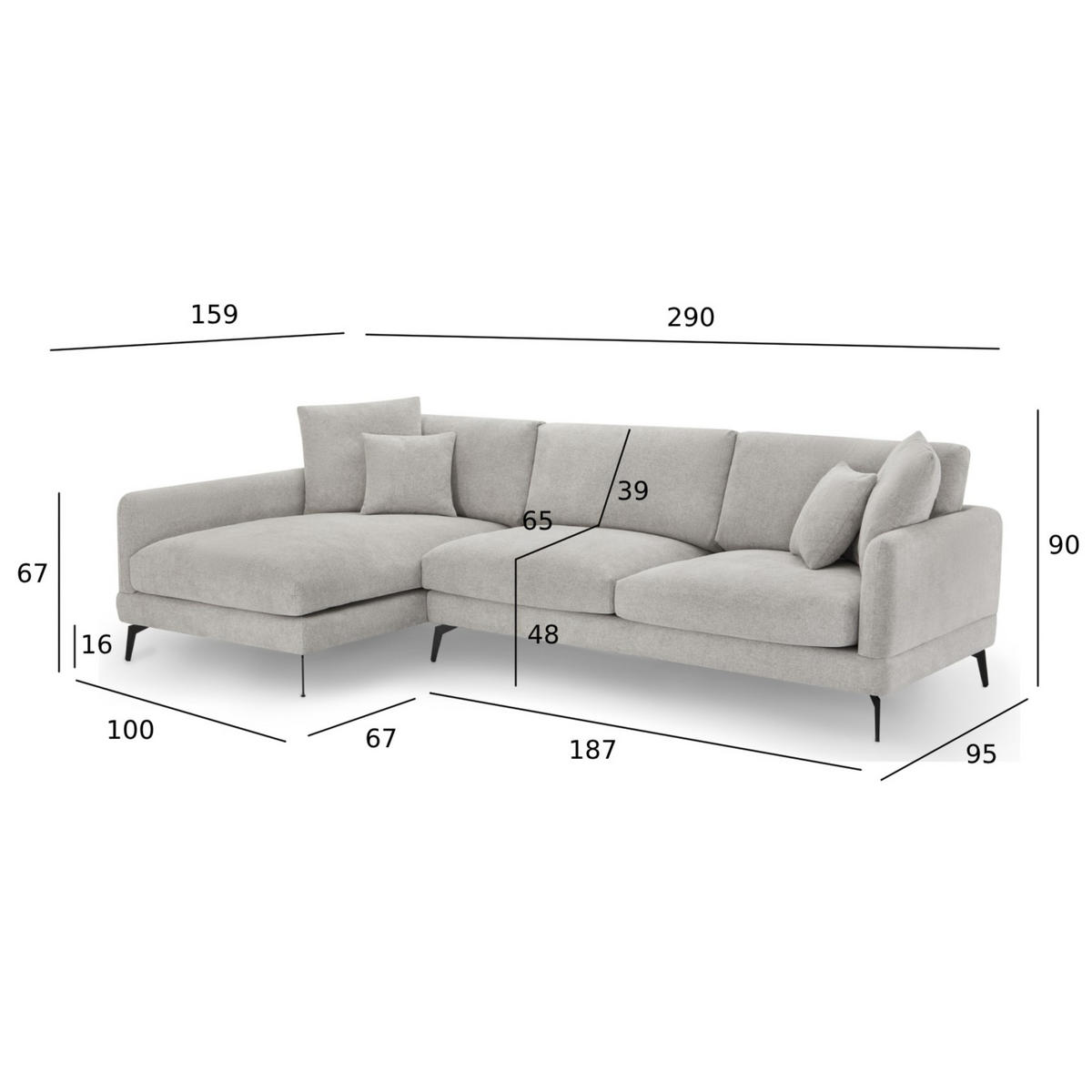 ECKSOFA Webstoff Grau - Schwarz/Grau, Textil/Metall (290/95cm) - Furnhouse
