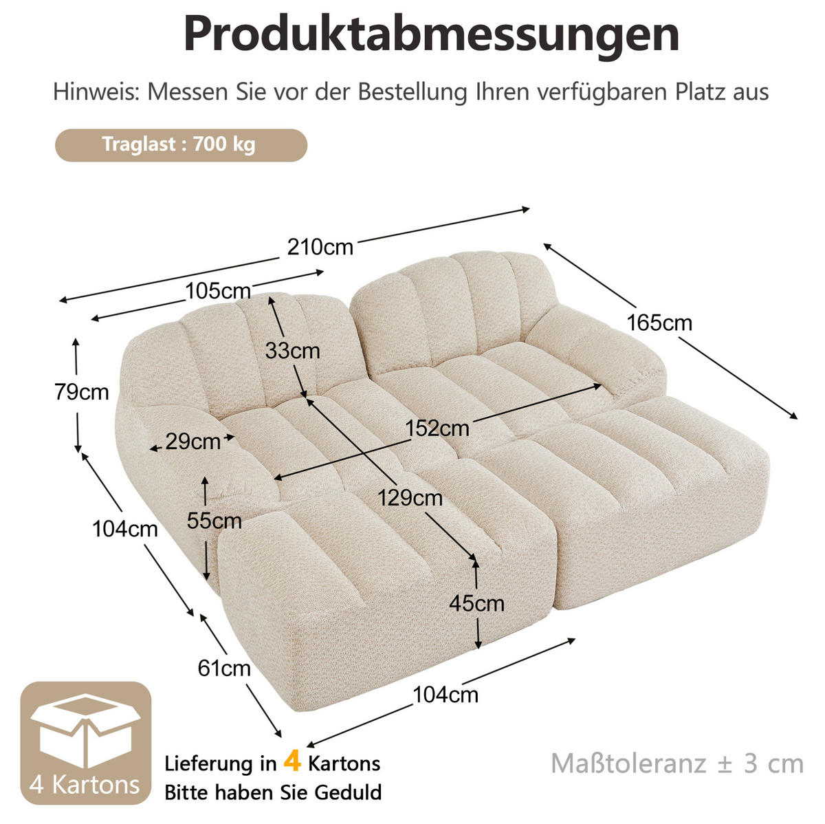 SOFA 210/165/79 cm in Beige-Weiß aus Granuliertem Fleece - Beige, Textil (165/79/210cm) - Flora Grace