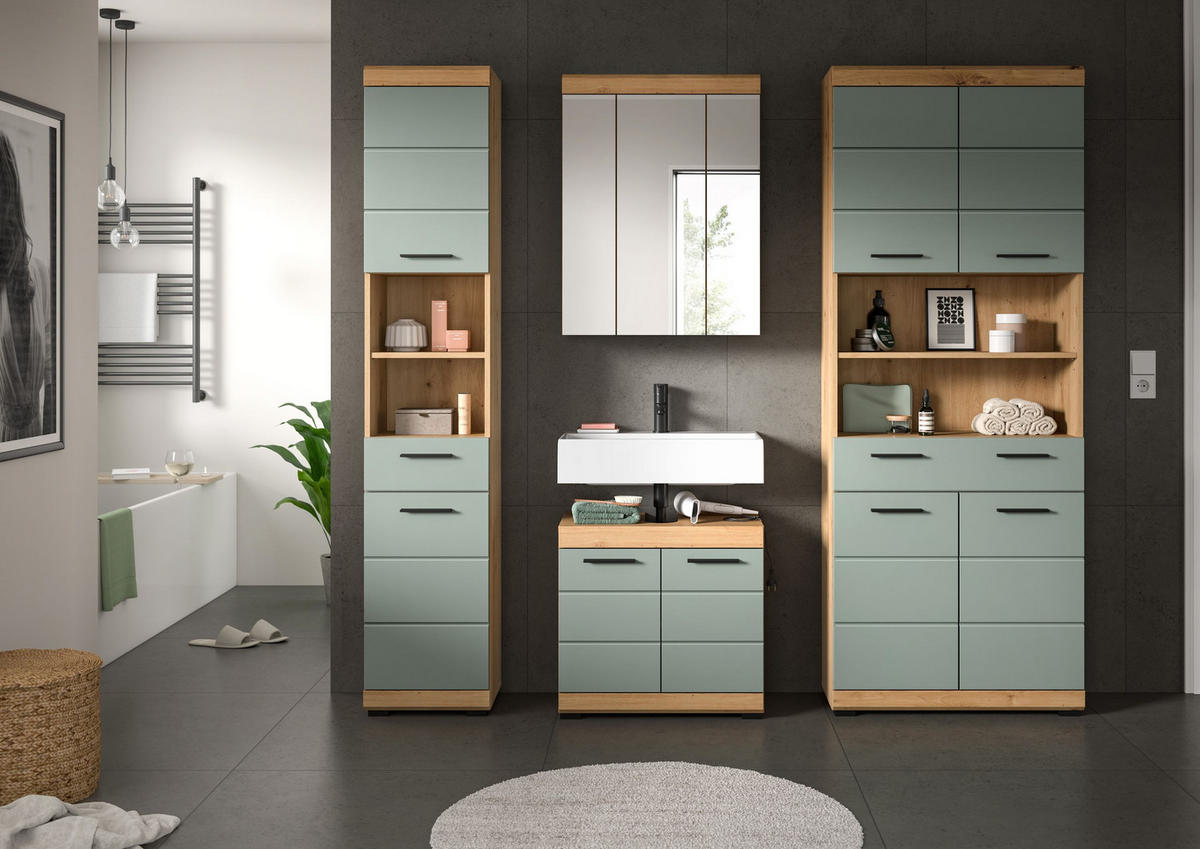 BADKOMBINATION 4tlg. Scout Bad in Artisan Eiche Nachbildung und Salbei Nachbildung B/H/T: 186x191x34 cm - Eiche Artisan, Holz (186/191/34cm)