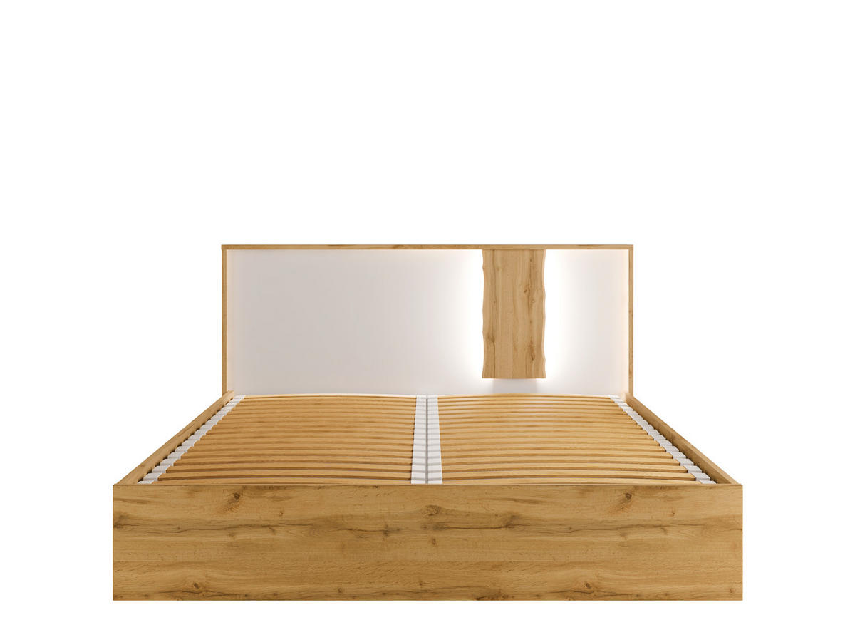 BETT WELORA – 160×200 cm mit Bettkasten und anhebbarem Lattenrost Wotan Eiche / Alpinweiß - Eiche Wotan/Weiß, Holzwerkstoff (160/200cm) - Milaros Markt
