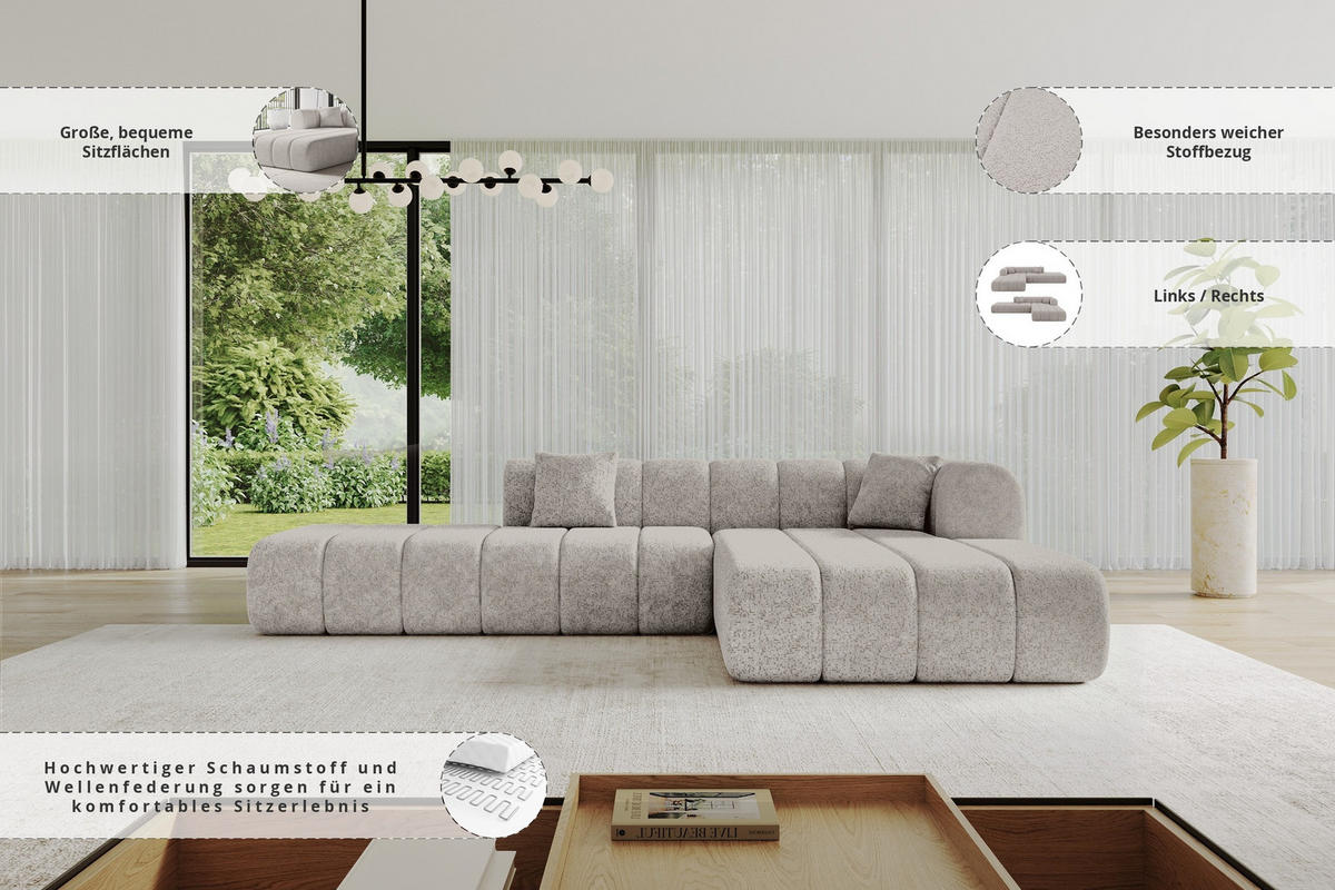 ROHOVÁ SEDAČKA s otomanem, pravá BILA-L 289x176x71 Světle šedá Žinylka - černá/světle šedá, kompozitní dřevo/textil (289/176cm) - ALTDECOR
