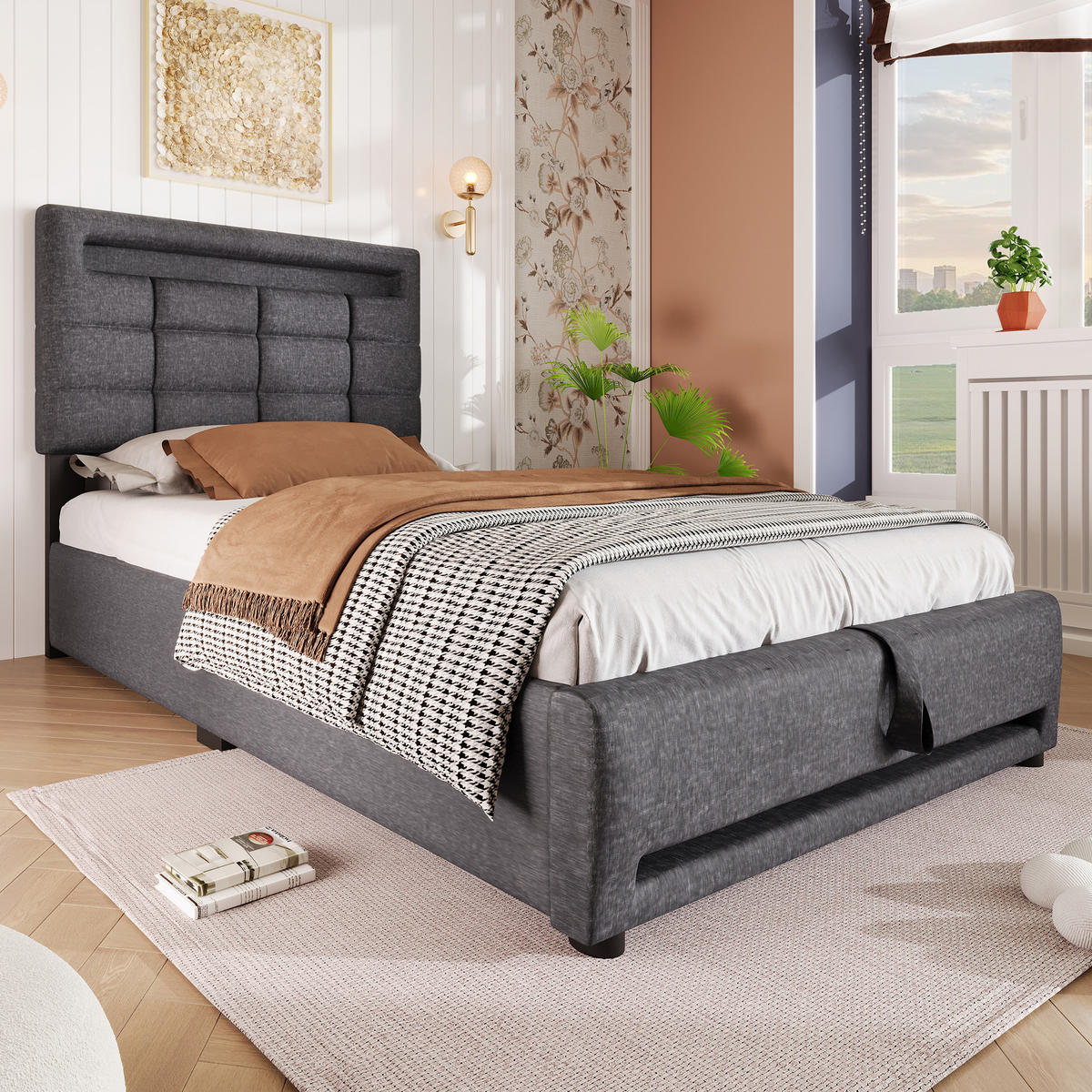 POLSTERBETT 90/200 cm in Grau Leinen mit Bettkasten, LED und USB - Grau, Holzwerkstoff/Textil (90/200cm) - WISHDOR