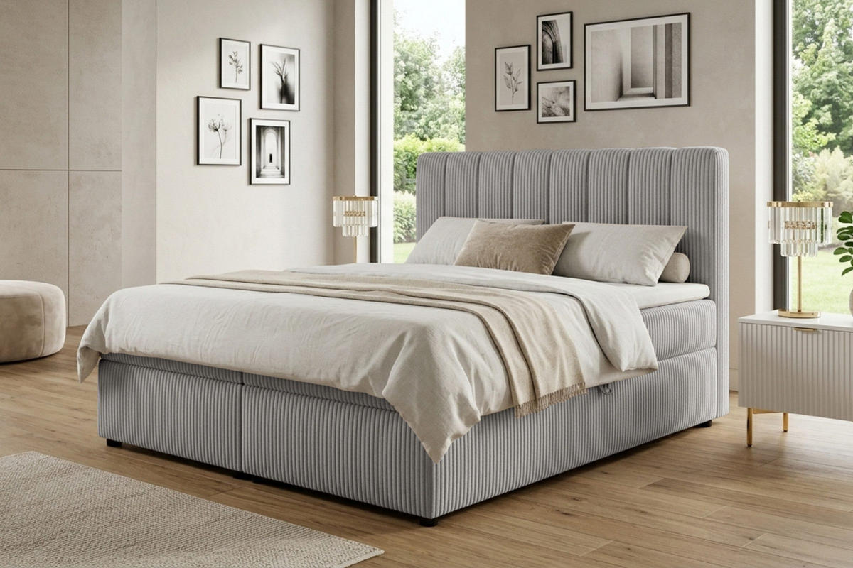 BOXBETT VICTOR 140/200 in Cord Hellgrau H4 - Hellgrau, Holz/Holzwerkstoff (140/200cm) - Deine Möbel 24