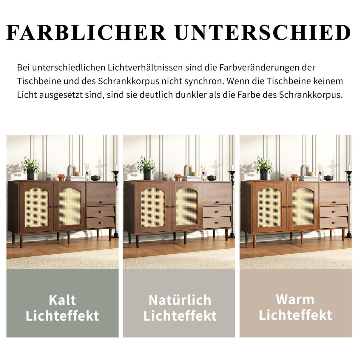 SIDEBOARD 130/40/75,5 cm in Holzfarbe mit Rattantüren und verstellbaren Böden - Eichefarben, Holzwerkstoff (130/75.5/40cm) - Flora Grace