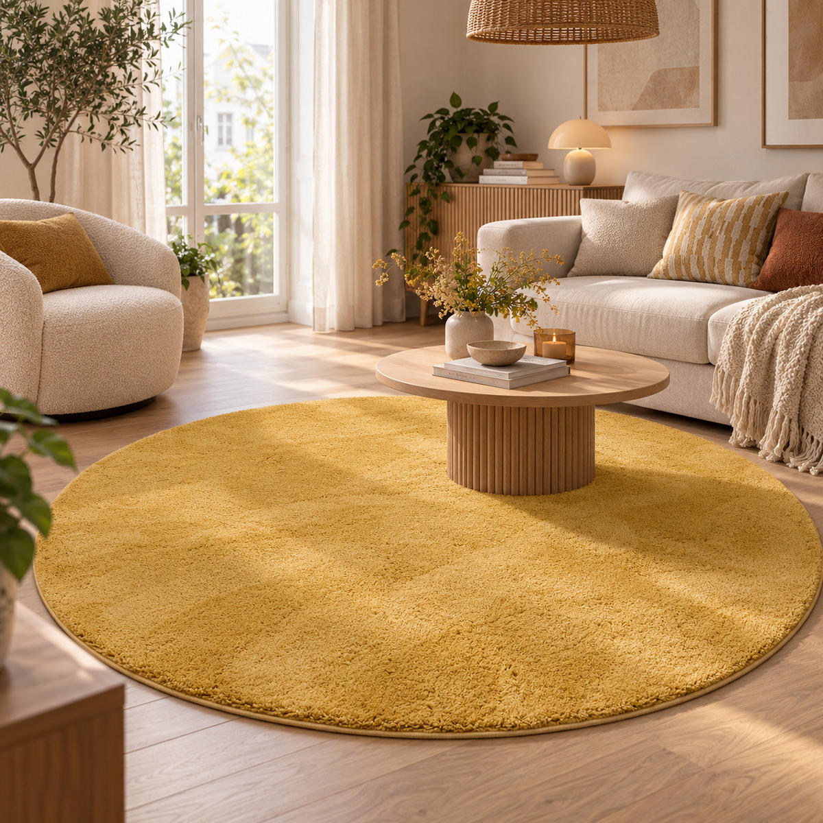 HOCHFLOR SHAGGY TEPPICH PALACE RUND - Currygelb, Textil (200/200cm) - Snapstyle