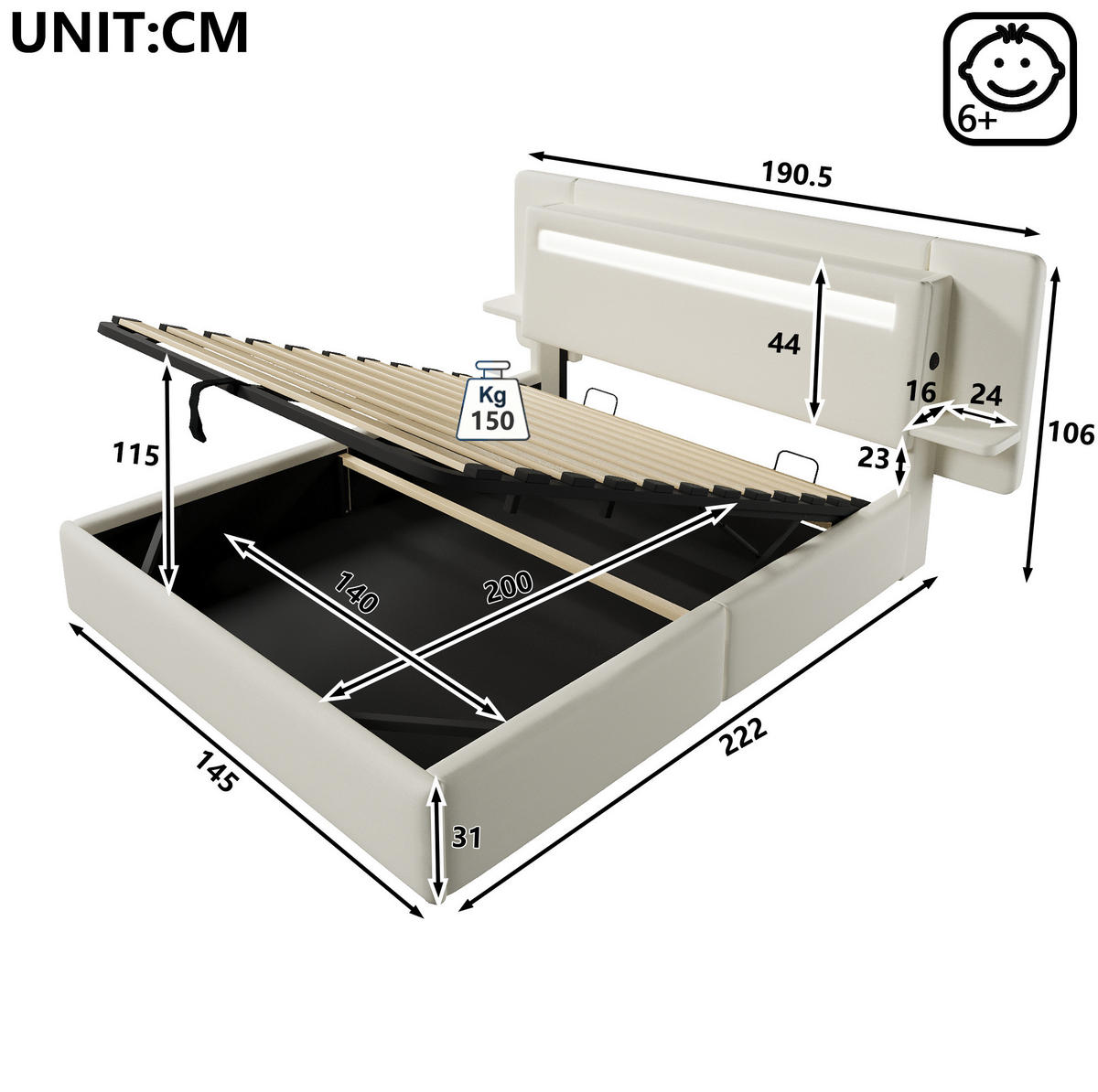 POLSTERBETT aus MDF und Leinen 140x200 cm Beige mit Bettkasten, LED-Beleuchtung, Nachttisch und USB-Anschluss - Beige, Textil (140/200cm) - Modfu
