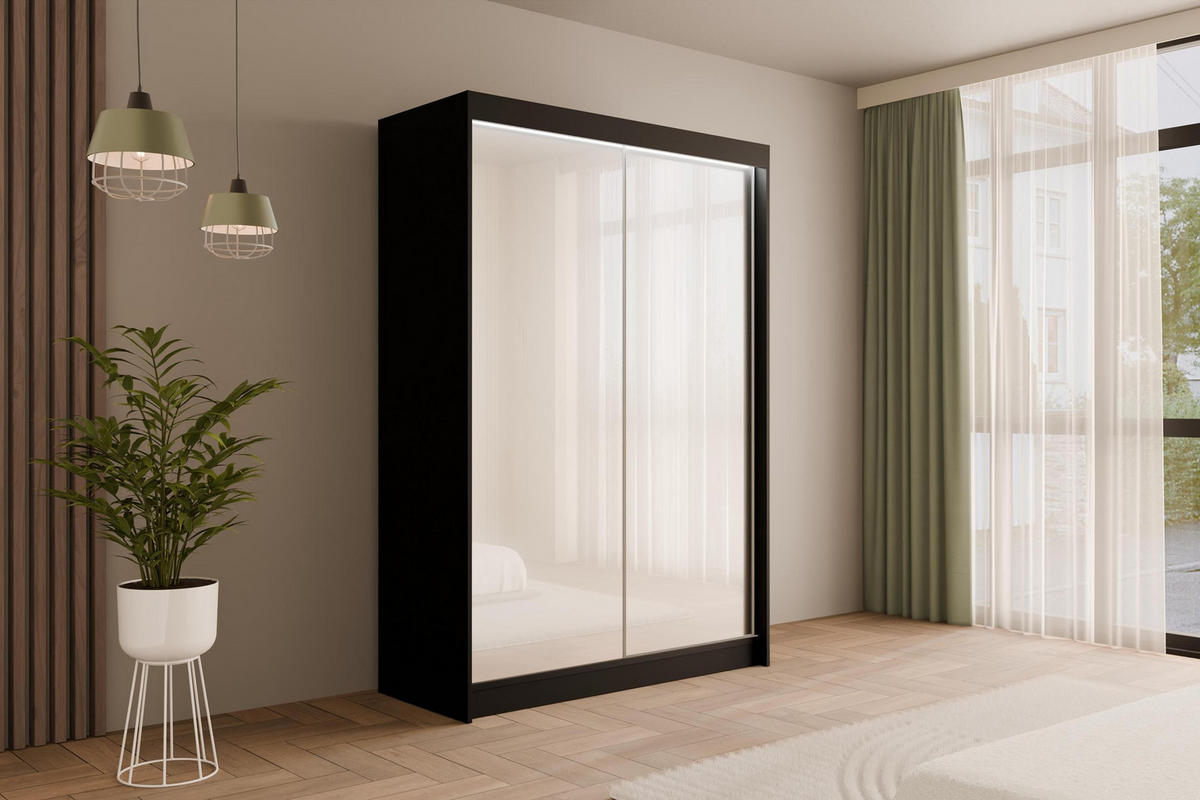 KLEIDERSCHRANK PEKA mit LED - 150 cm - Schwarz|Weiß - Schwarz/Weiß, Holzwerkstoff (150/215/61cm) - ALTDECOR