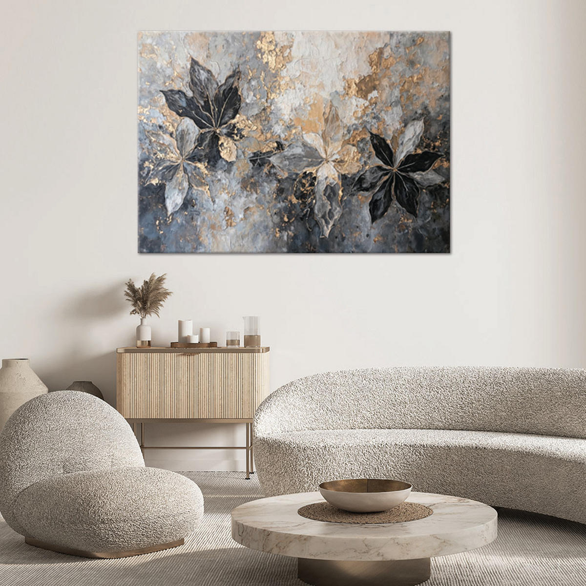 WANDBILD blätter abstrakte textur gold - Silberfarben, Textil (60/40cm) - Feeby