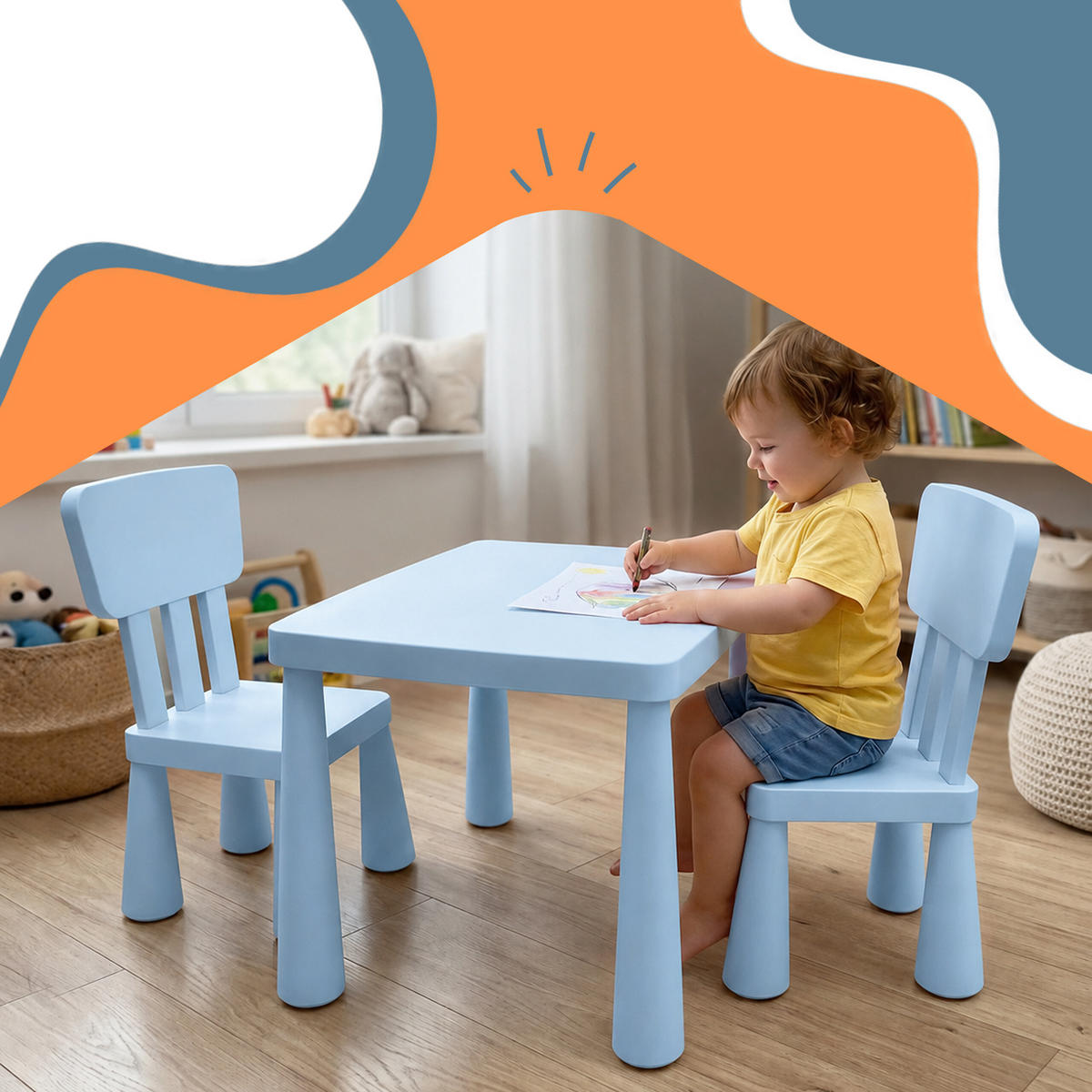 SESTAVA Modrá 3dílný-set dětský stůl 2 židle plast - modrá, plast (77/48/55cm) - Relaxdays
