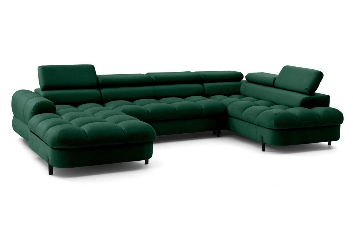 ECKSOFA U-Form BOWL U Rechts mit Schlaffunktion 125x265 Velours Grün - Schwarz/Grün, Holz/Textil (195/90/339cm) - Muffo