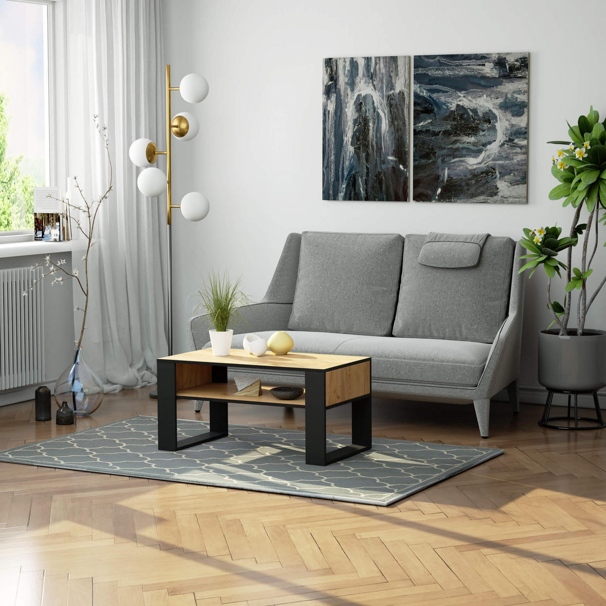 COUCHTISCH Rechteckig Eiche Gold - Schwarz 92/45/50 cm - Eichefarben/Schwarz, Holzwerkstoff (50/92/45cm) - designimpex