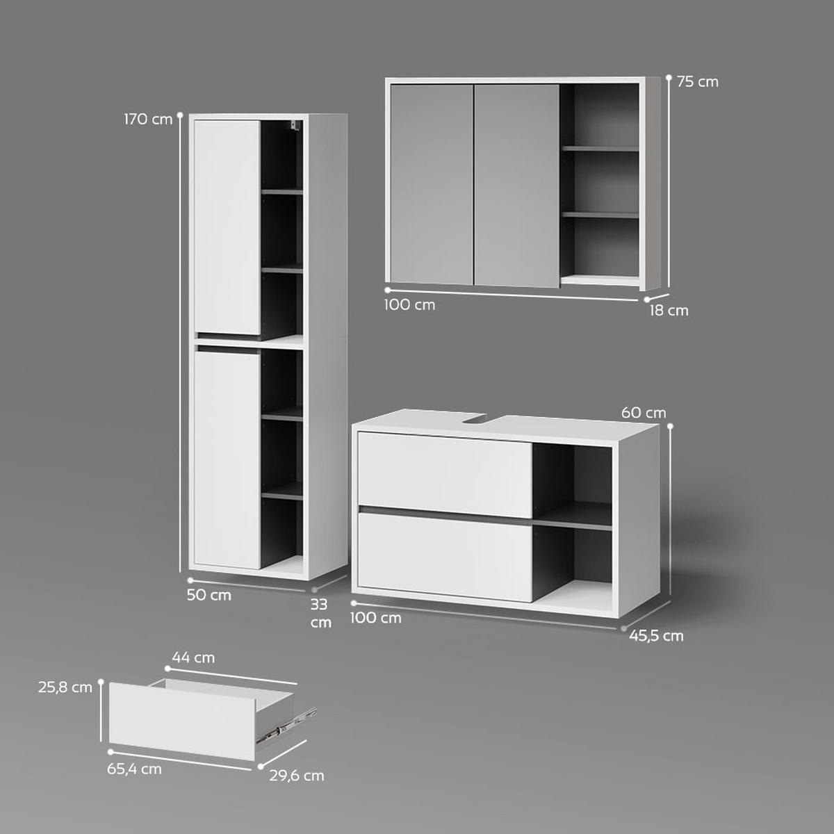 BADMÖBEL-SET Vomano Weiß 3 Teile - Anthrazit/Weiß, Holzwerkstoff (100/60/45cm) - Livinity®