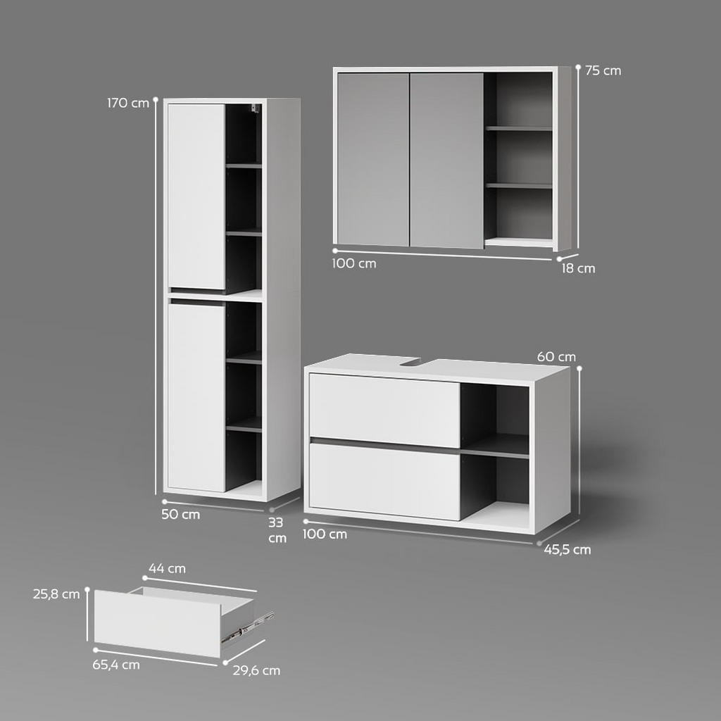 Thumbnail - Livinity® Badmöbel-Set, Weiß, Anthrazit, Holzwerkstoff, 18 Fächer, 2 Schubladen, 100x60x45 cm, Badezimmer, Badmöbelsets ...