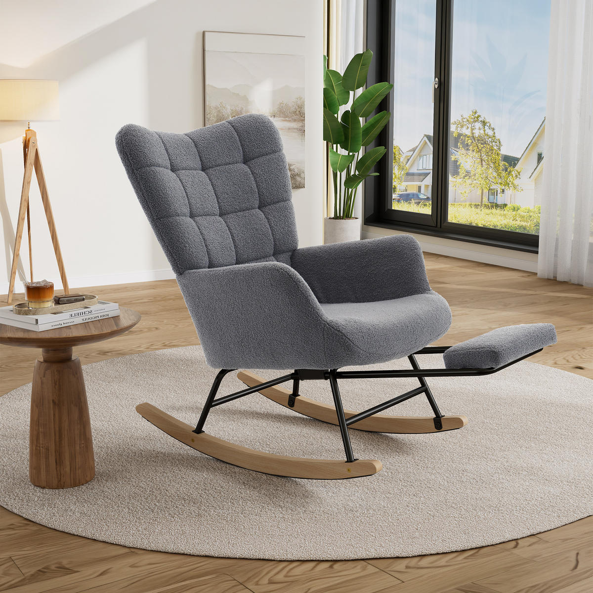 SCHAUKELSTUHL in Grau mit weichem Sherpa-Bezug und ausziehbarer Fußstütze - Naturfarben/Grau, Holz/Textil (68/91/88cm) - CHICFURN