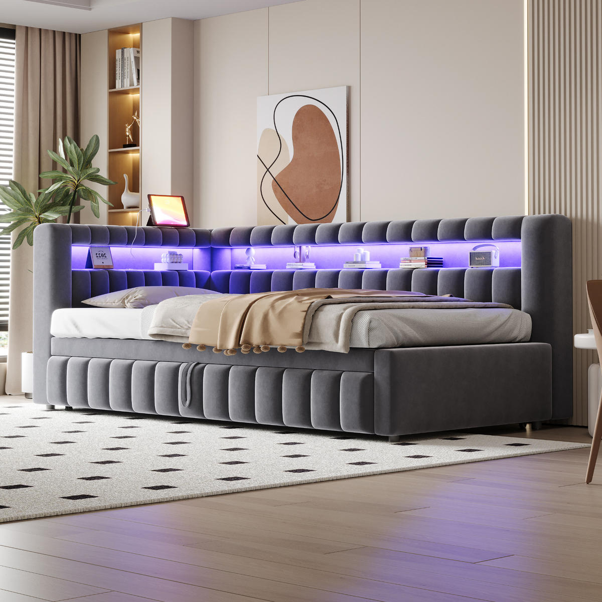 SCHLAFSOFA 90/200 cm & 90/190 cm in Dunkelgrau Samt mit Ausziehbett, LED und USB - Grau, Holzwerkstoff/Textil (90/200cm) - WISHDOR