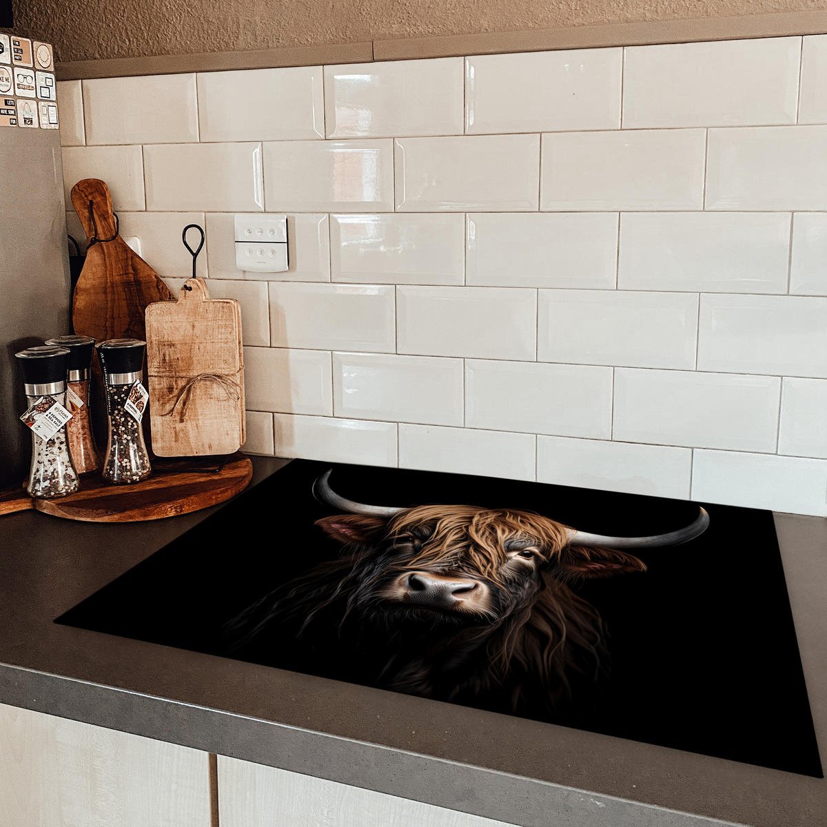 HERDABDECKPLATTE Schottischer Highlander - Porträt - Schwarz - Tier Herdabdeckung Induktionsfeld 75x52 cm - Braun, Kunststoff (75/52/0.2cm) - MuchoWow