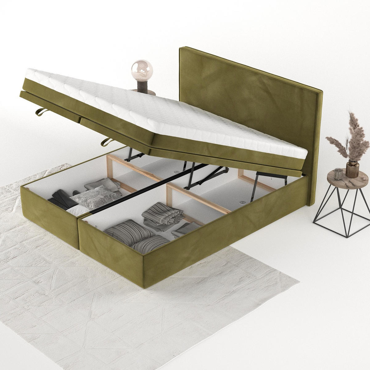 BOXBETT Zalla 140/200 cm Olivgrün im Kronos Stoff - Schwarz/Olivgrün, Holz/Holzwerkstoff (140/200cm) - AltaBeds