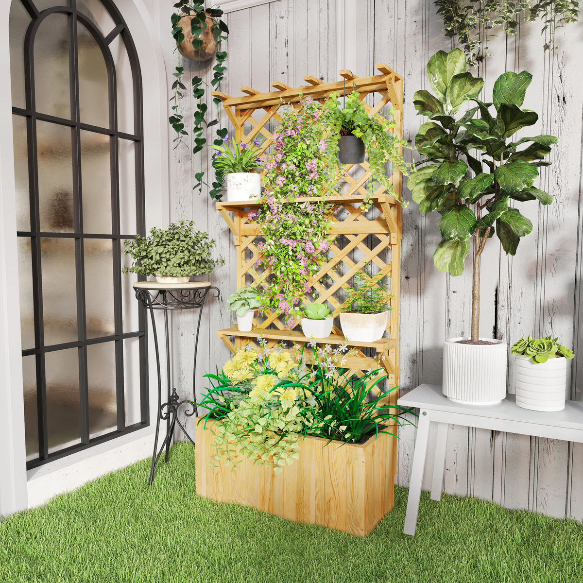 HOCHBEET, Pflanzbeet mit Rankgitter - Naturfarben, Holzwerkstoff (33/177/76cm) - Outsunny