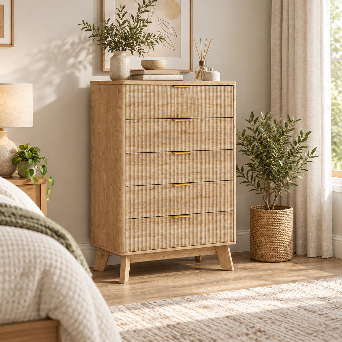 KOMMODE mit vertikaler Rillenfront, 5 Schubladen Stauraum, Eiche hell, 40/73/108cm - Eichefarben, Holz (73/108/40cm) - Joyfair