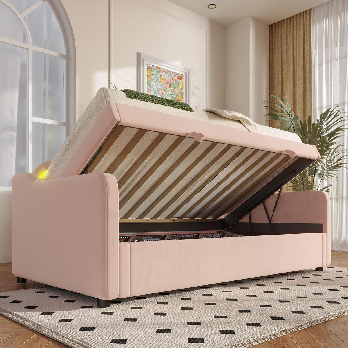 TAGESBETT 90/200 cm rosa mit Stauraum und bunten LED-Leisten - Rosa, Textil (90/200cm) - OKWISH