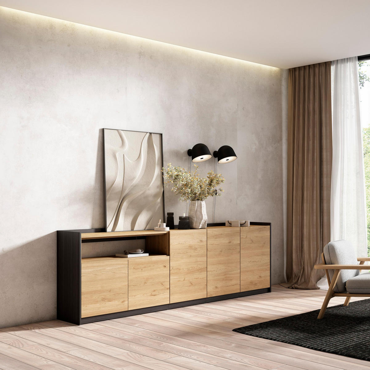 SIDEBOARD, Highboard, Eiche Schwarz, 260/37/80cm - Eichefarben, Holzwerkstoff (260/80/37cm) - Skraut Home