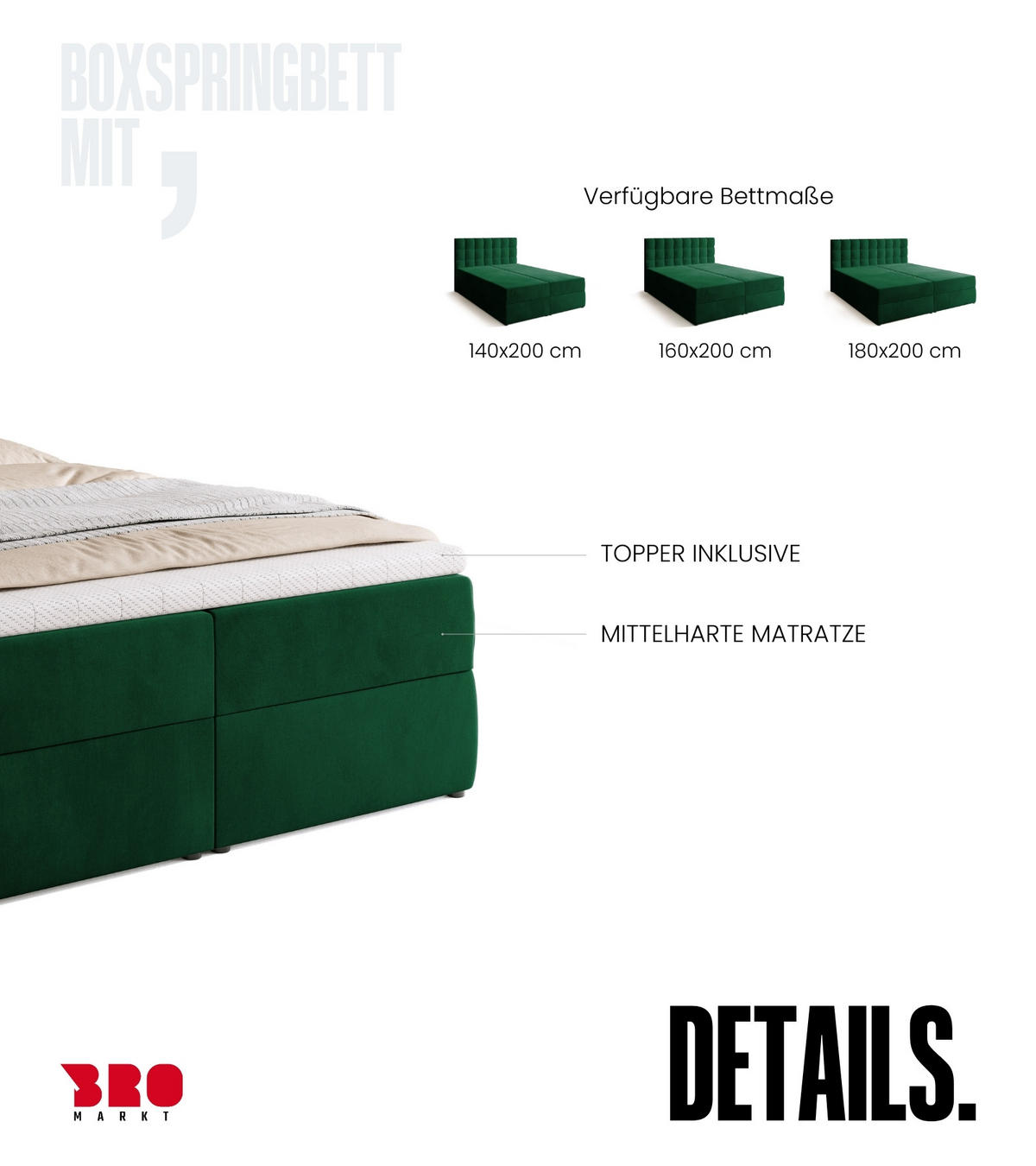 BOXBETT Detroit mit Topper 140/200 Grün - Grün, Holzwerkstoff/Textil (140/200cm) - Bromarkt
