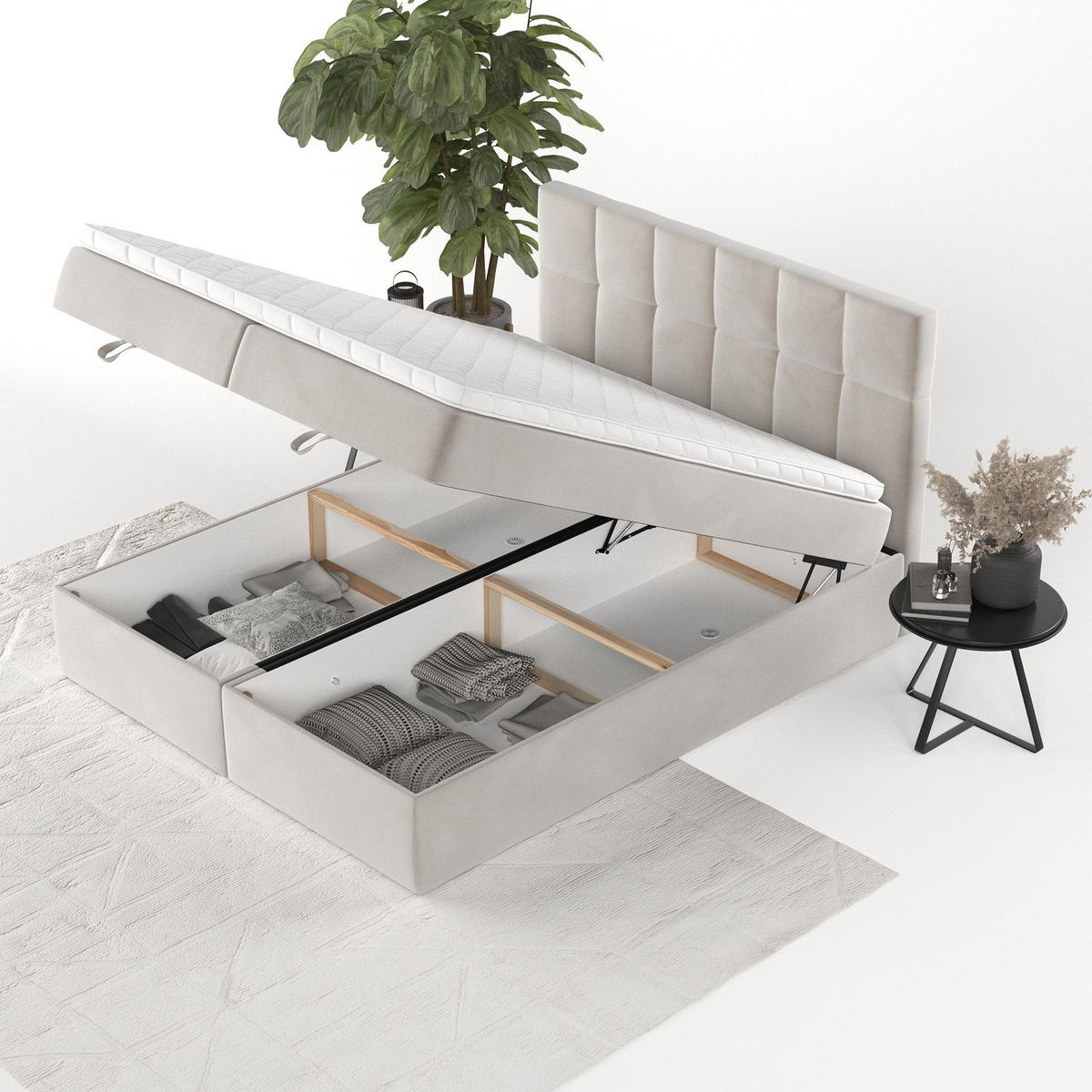 BOXBETT Savio 200/200 cm Hellbeige im Paros Stoff - Beige/Schwarz, Holz/Holzwerkstoff (200/200cm) - AltaBeds