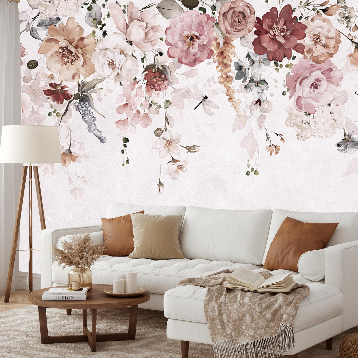 FOTOTAPETE für Schlafzimmer Aquarell Bunte Blumen Ranken Blätter 400x280 - Rot/Rosa, Papier (400/280cm) - Muralo