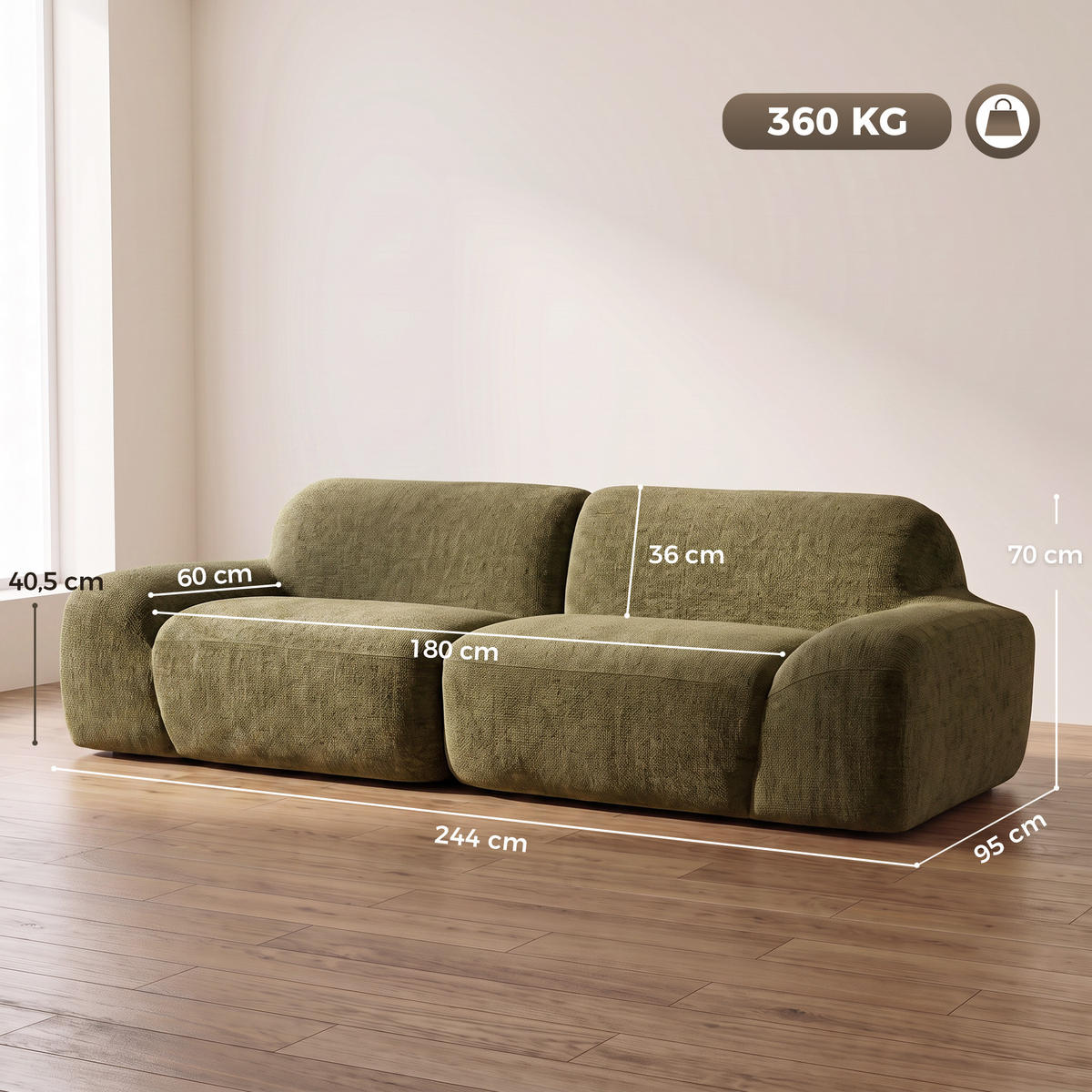 2-SITZER Sofa Dunkelgrün 244.0/95.0/70.0 cm - Dunkelgrün, Textil (95/70/244cm)
