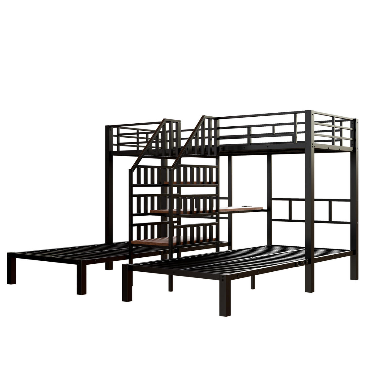 ETAGENBETT aus Metall und MDF 90x200 cm Schwarz mit LED, Schreibtisch, Stauraumtreppe, Regal, USB und Steckdose - Schwarz, Metall (90/200cm) - Modfu