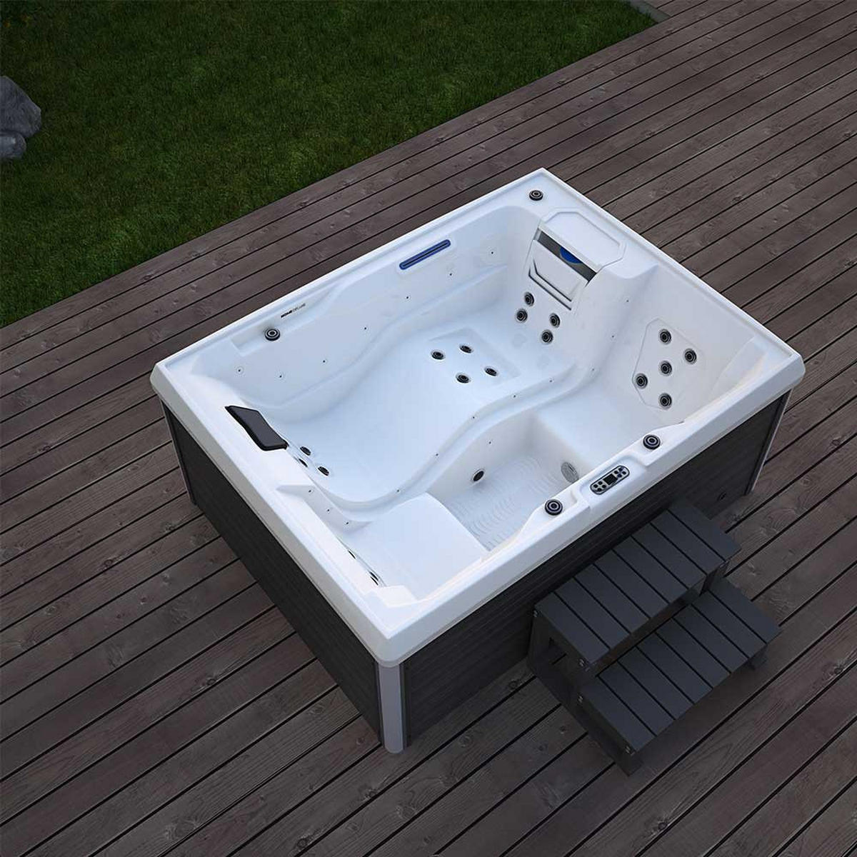 OUTDOOR WHIRLPOOL STREAM - 211 x 156 cm, Mit Treppe und Thermoabdeckung - Anthrazit, Kunststoff (156.5/74.05/211cm) - Home Deluxe