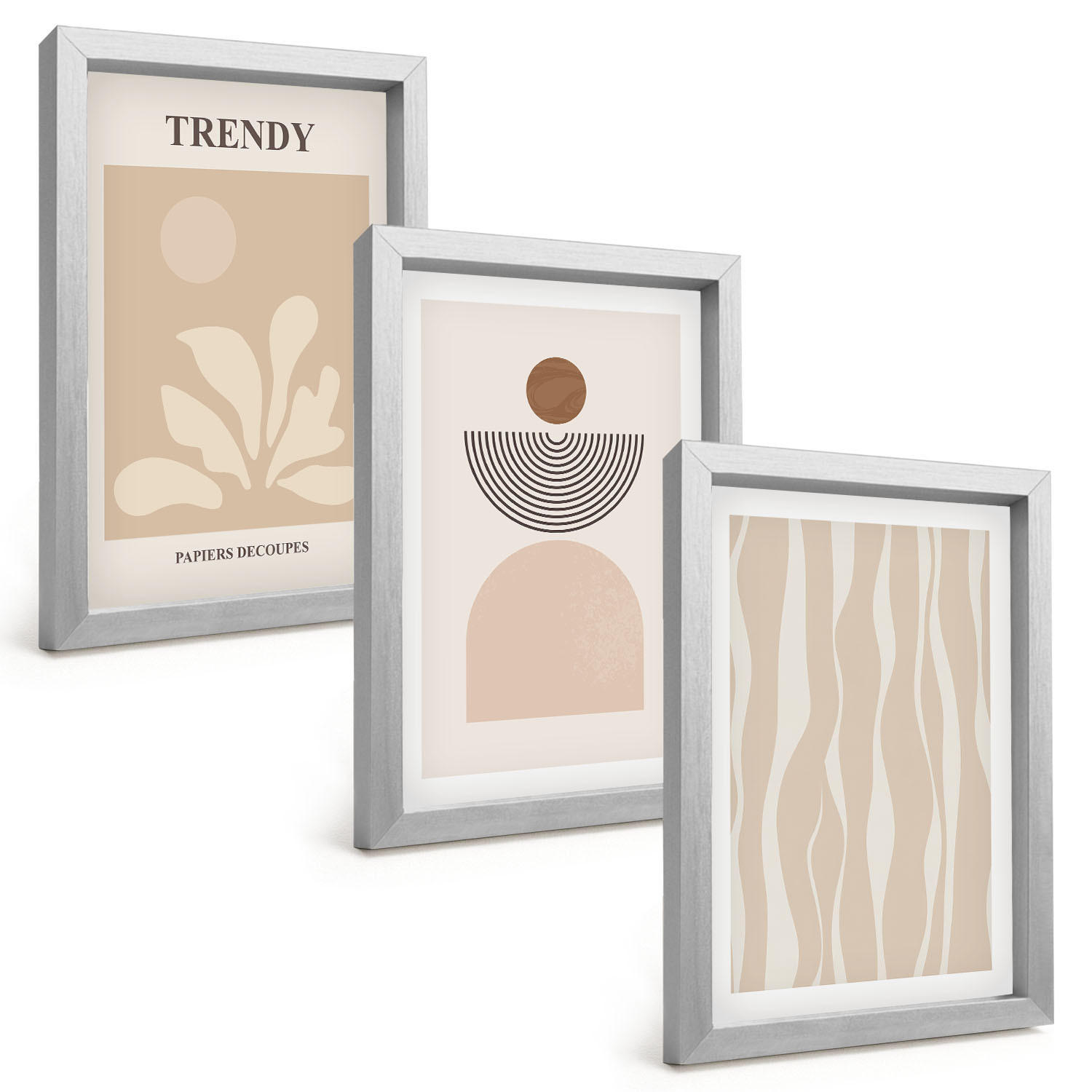 BILDER SET 3er Set - 20x30 cm Silberner Rahmen - Stilvolle abstrakte Beigetöne - Silberfarben, Kunststoff (20/30cm) - TULUP