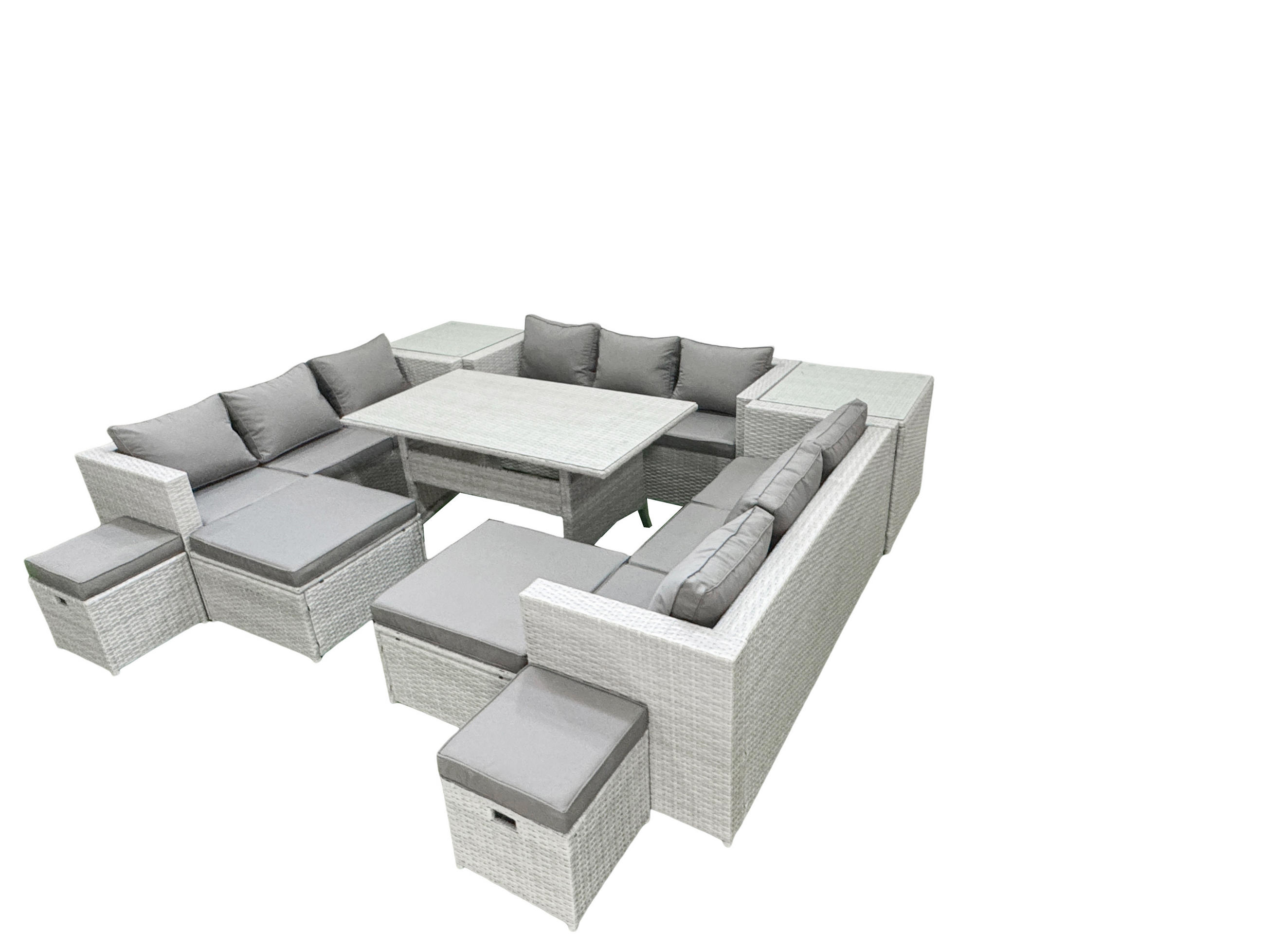 GARTENSET mit Esstisch,Sofa,2 Beistelltischen Polyrattan Hellgrau 13-Sitzer - Hellgrau/Grau, Glas/Kunststoff - Fimous